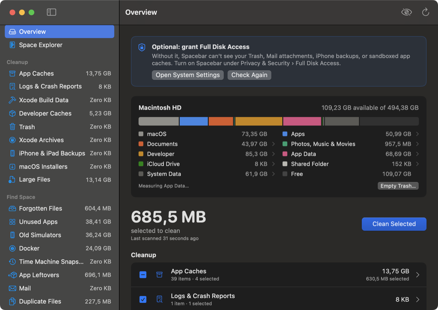 Spacebar's Overview: a disk usage bar by category, what grew, and cleanup categories